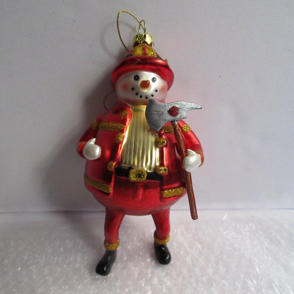 Anthropologie Glass Fireman Snowman Christmas Ornament Glitter Trim 6"